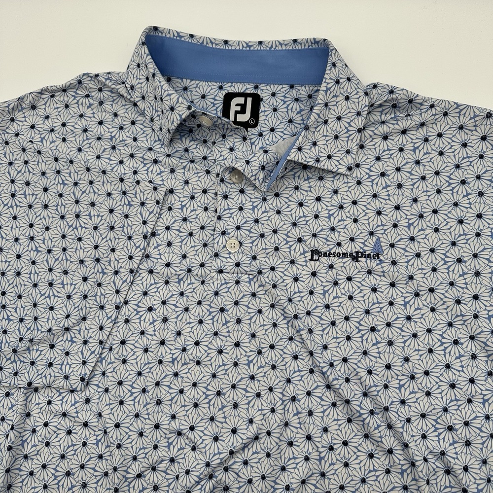 FootJoy Lisle Daisy Performance Golf Polo Mens L Print Blue Floral Lonesome Pine